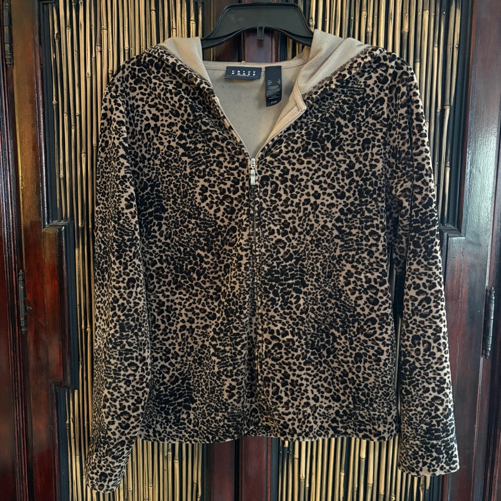 Vintage Velour Leopard-Print Zip Hoodie Liz Claiborne Small Brown Black